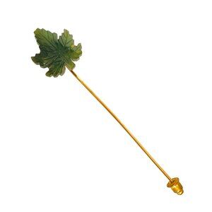 Nephrite Green Jade Carved Leaf Stick Pin With Gold-Tone Base